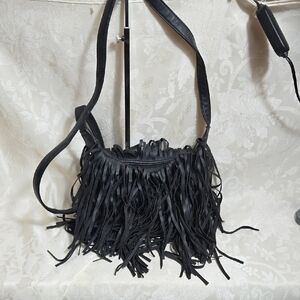 Black Faux Leather Fringe Western Long Strap Bag